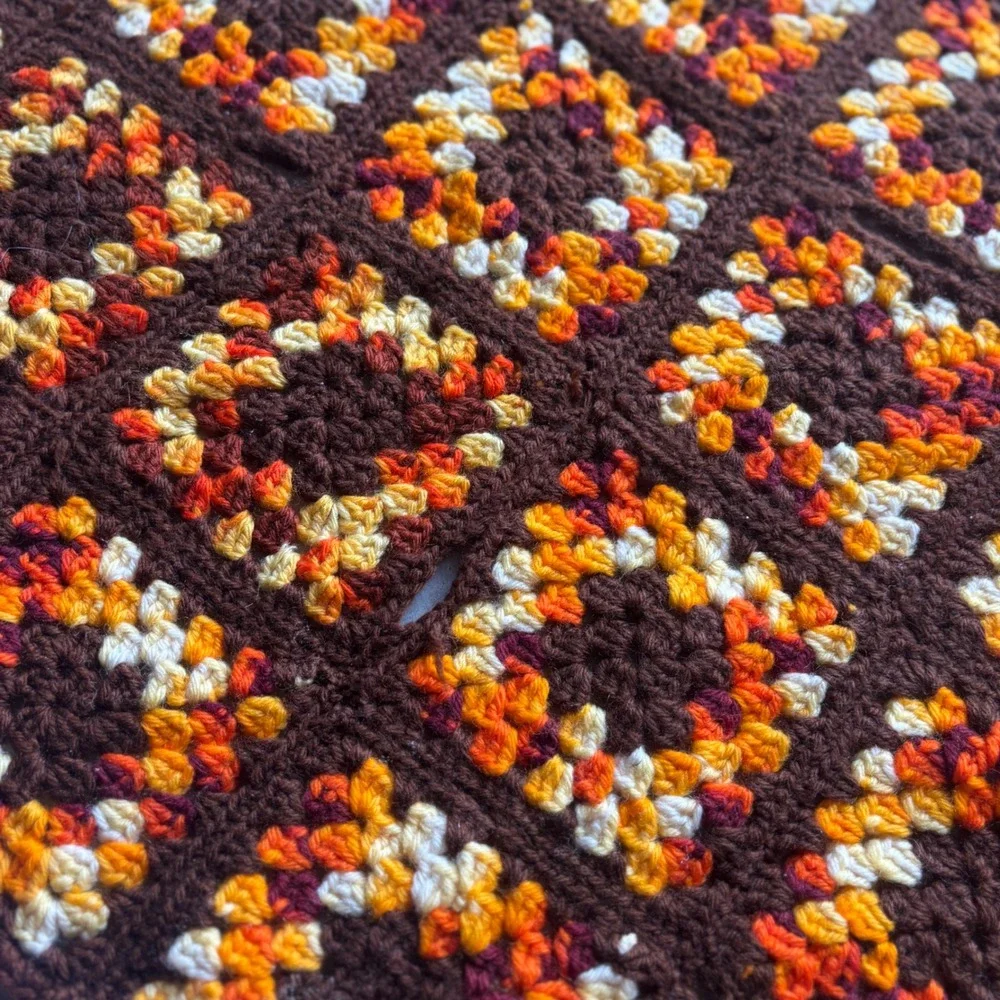 Vintage Handmade Crochet Granny Square Afghan Blanket Brown Orange Yellow 66x37